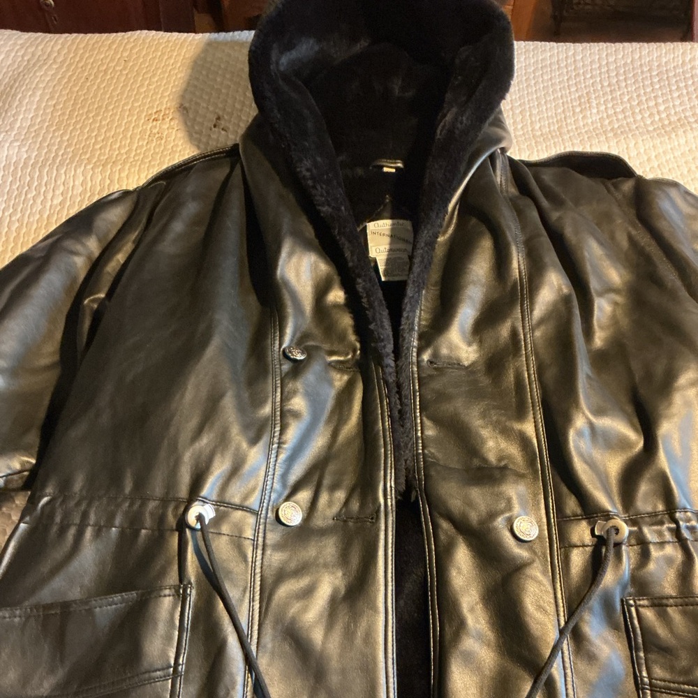 26 International Black Leather Hooded Jacket with Faux Fur Lining
